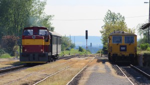 14. května 2016 – Dieselová lokomotiva Rosnička vjíždí na nádraží, foto P. Trnčák (20 °C)
